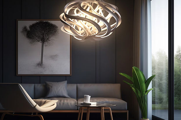 Modern interior with sculptural pendant lighting