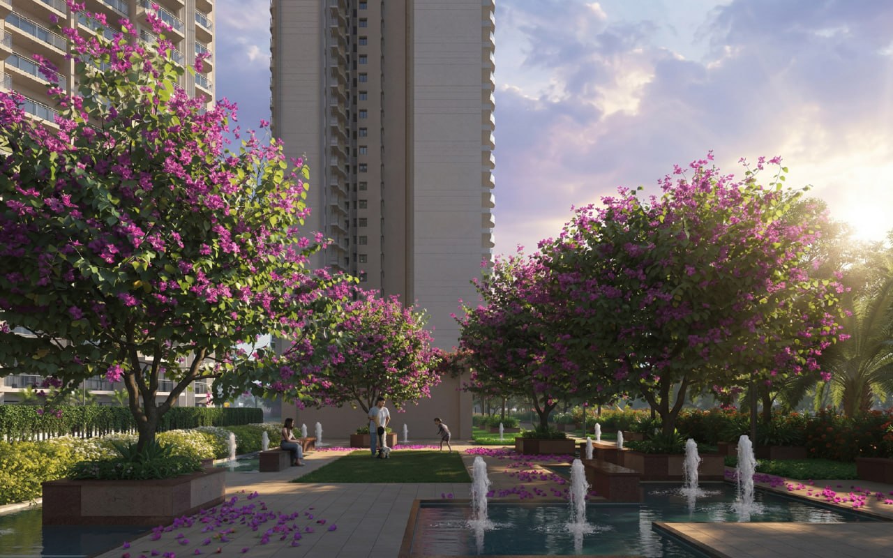 Garden walkways and central fountain